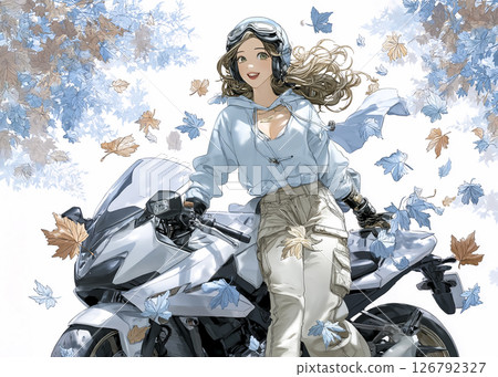 一位女騎士在秋葉中騎著運動自行車遊覽的插畫素材 126792327