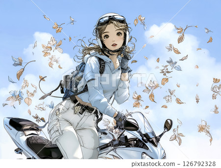 Illustration material of a female rider touring a sports bike in autumn leaves 126792328