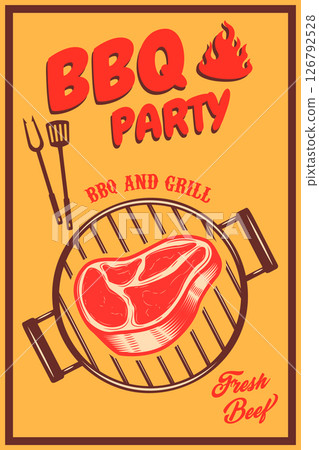 BBQ party. Old style poster with grill BBQ party. Old style poster with grill 126792528