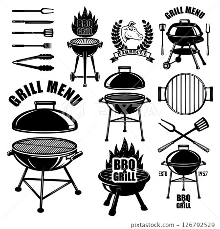 Set of bbq emblem, badges and design elements. Grill party. Vector illustration Set of bbq emblem, badges and design elements. Grill party. Vector illustration 126792529