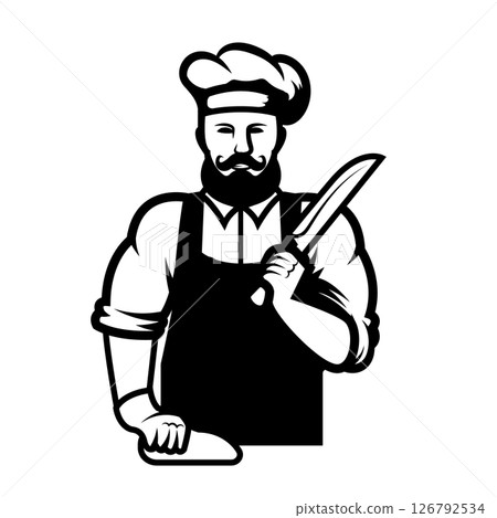 Illustration of a butcher with hatchet and meat. Design element for emblem, sign, badge. Vector illustration 126792534