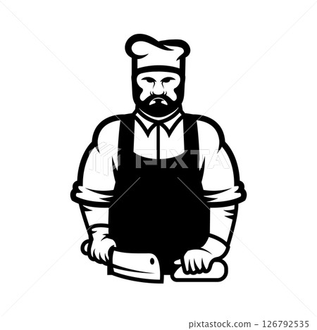 Illustration of a butcher with hatchet and meat. Design element for emblem, sign, badge. Vector illustration 126792535