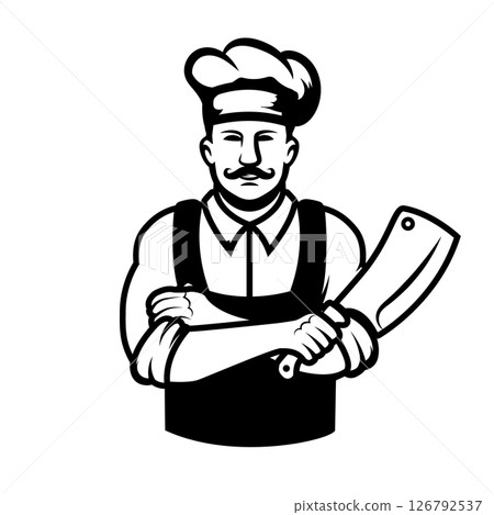 Illustration of a butcher with hatchet and meat. Design element for emblem, sign, badge. Vector illustration 126792537