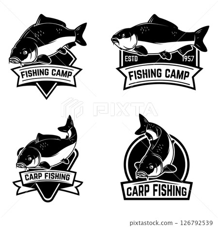 Set of carp fishing emblems in monochrome style. Carp fish logo, label, sign, poster, badge. Set of carp fishing emblems in monochrome style. Carp fish logo, label, sign, poster, badge. 126792539