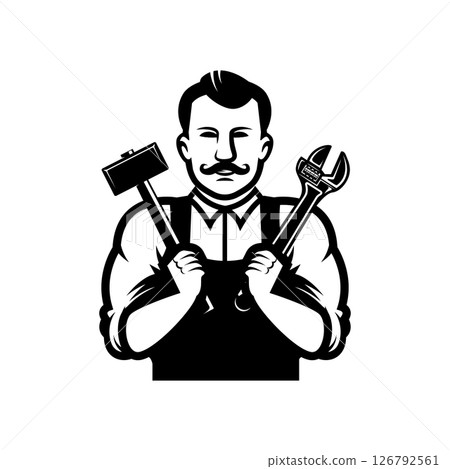 Illustration of mechanic with wrench. Design element for emblem, sign, badge. Vector illustration 126792561