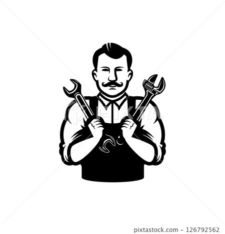 Illustration of mechanic with wrench. Design element for emblem, sign, badge. Vector illustration 126792562