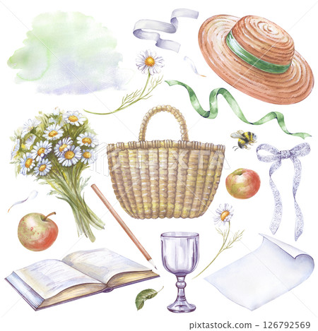 A set of watercolor elements for a girl's outdoor recreation or picnic, hand-drawn illustration on a white background. Summer collection of items: basket, hat, ribbons, flowers, apples, glass, book 126792569