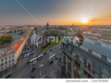 Drone view of Zinger House and Book House, fountain in front of Kazan Cathedral and Isaac cathedral at sunset, Griboyedov Canal, busy traffic along Nevsky avenue, rooftops, Russia, St.Petersburg 126792660