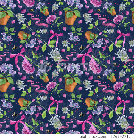 Hydrangea flowers pattern. Watercolor of pink, purple and white flowers, pink petals and ribbons on a dark blue background. Good for postcards, invitations, greeting cards, wallpaper, textiles 126792712