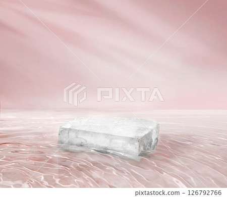 Cosmetic display product stand in the water on pink background 126792766