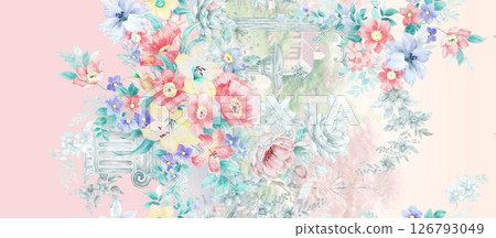 Harmonious Geometric Shapes with Floral Scroll Motif Illustrations 126793049