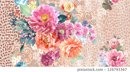 Modern Geometric and Curly Floral Pattern Hand Drawn Art Pieces 126793367