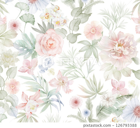 Modern Geometric and Curly Floral Pattern Hand Drawn Art Pieces 126793388