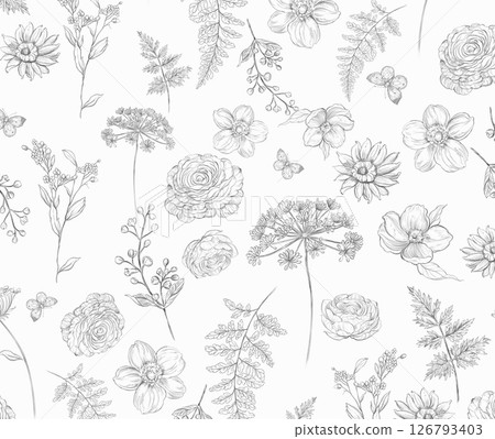 Modern Geometric and Curly Floral Pattern Hand Drawn Art Pieces 126793403