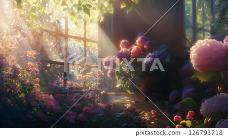 Hydrangeas by the window illuminated by sunlight Hydrangeas by the window illuminated by sunlight 126793718