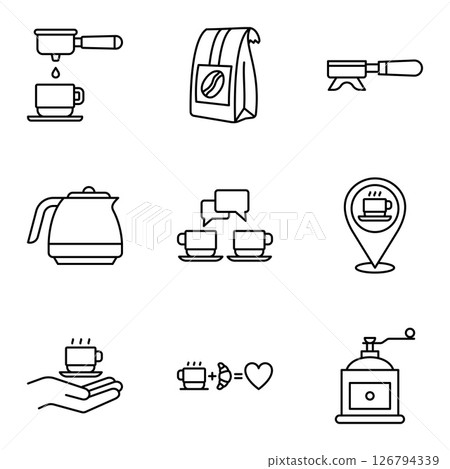 Set of minimal coffee shop icons featuring cups, beans, and brewing tools. 126794339