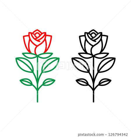 Outline icon of a blooming rose with leaves in two styles for floral design use. 126794342
