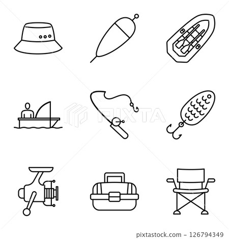 Essential fishing tackle and gear icon set for angling adventures. 126794349