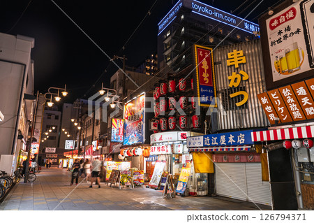 Osaka Prefecture: Night view of Shinsekai overlooking Tsutenkaku Osaka Prefecture: Night view of Shinsekai overlooking Tsutenkaku 126794371