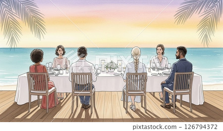 Dinner at a luxury beach resort at dusk 126794372