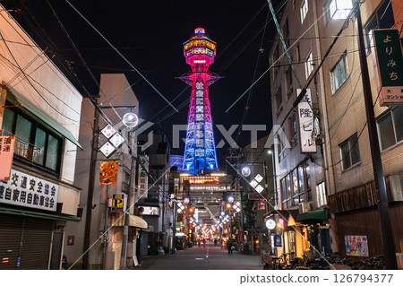 Osaka Prefecture: Night view of Shinsekai overlooking Tsutenkaku Osaka Prefecture: Night view of Shinsekai overlooking Tsutenkaku 126794377