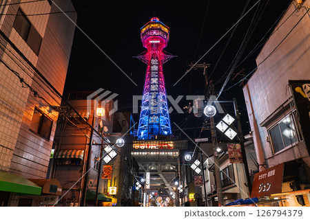 Osaka Prefecture: Night view of Shinsekai overlooking Tsutenkaku Osaka Prefecture: Night view of Shinsekai overlooking Tsutenkaku 126794379