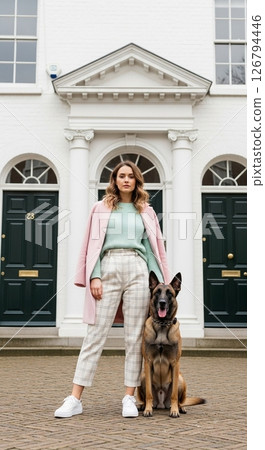 A woman standing with a large dog on a street corner in spring 126794446