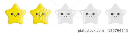 Five-star rating system with star characters with expressive faces. Two stars brightly colored and smiling, three stars are desaturated and sad-faced. Customer review. 3d cartoon vector illustration. 126794543