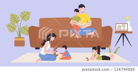 Cartoon Color Characters People Family Spends Time Together Concept Flat Design Style with Elements Thin Line. Vector illustration 126794884