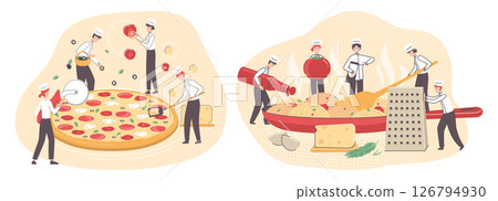 Cartoon Color Tiny Characters People Cook Pizza and Pasta Concept Flat Design Style. Vector illustration of Spaghetti and Pepperoni 126794930