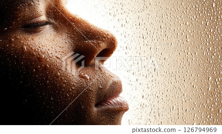 Close-Up of Wet Skin and Face Beside Rainy Glass Close-Up of Wet Skin and Face Beside Rainy Glass 126794969