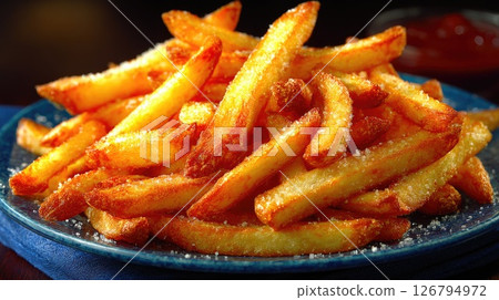 Golden Crispy French Fries with Salt and Ketchup Golden Crispy French Fries with Salt and Ketchup 126794972
