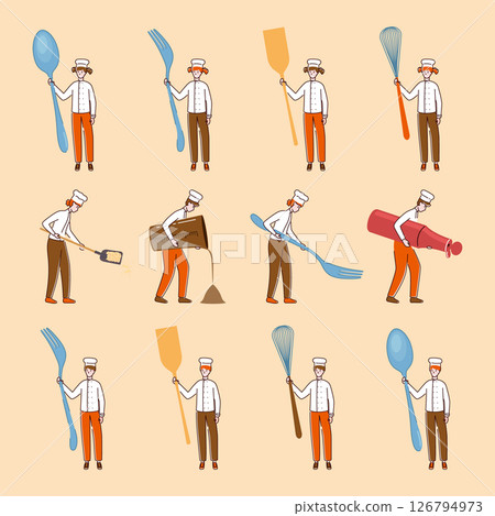 Cartoon Color Tiny Characters People Holding Kitchen Appliances Different Poses Concept Flat Design Style. Vector illustration of Person and Fork, Sauce Bottle 126794973