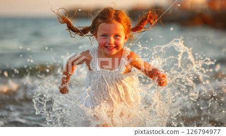 Joyful Girl Splashing in Ocean Water Joyful Girl Splashing in Ocean Water 126794977