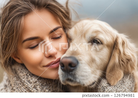 Close Bond Between Young Woman and Golden Retriever 126794981