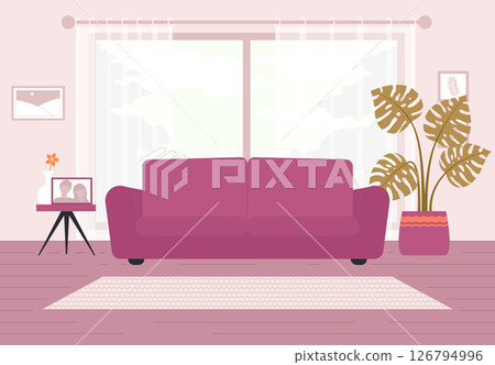 Cartoon Color Living Room with Houseplant Potted, Sofa, Window and Family Photo on a Table Interior Inside Concept. Vector illustration Cartoon Color Living Room with Houseplant Potted, Sofa, Window and Family Photo on a Table Interior Inside Concept. Vector illustration 126794996