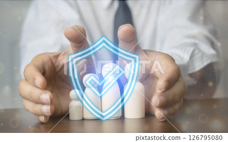 Insurance protection concept for family, health, home, car, life and financial planning with businessman, selling, buying, dealing. 126795080
