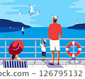 Family sea trip vacation journey tourist vector illustration. Family together on cruise vessel deck enjoy idyllic seaside landscape beauty view, seagulls flight, yachts on blue ocean water background 126795132