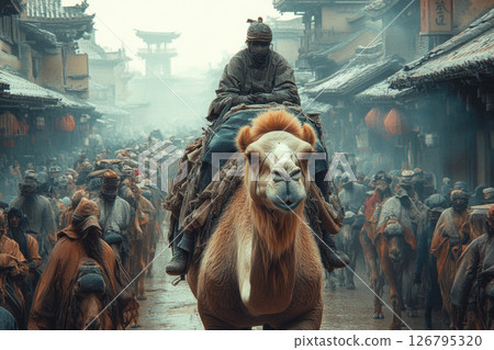Neon-Lit Camel Journey in 1930s Kyoto Fusion 126795320