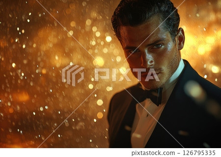 A Charismatic Man in a Tuxedo Amid Retrofuturistic Lights 126795335