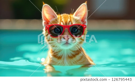 funny small orange with red sunglasses swims in a bright blue pool, playful summer vibe funny small orange with red sunglasses swims in a bright blue pool, playful summer vibe 126795443