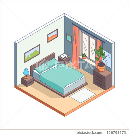 Cartoon Color Bedroom Room Interior Inside Concept 3d Isometric View Line Elements. Vector illustration of Bed and Bedside Tables 126795573