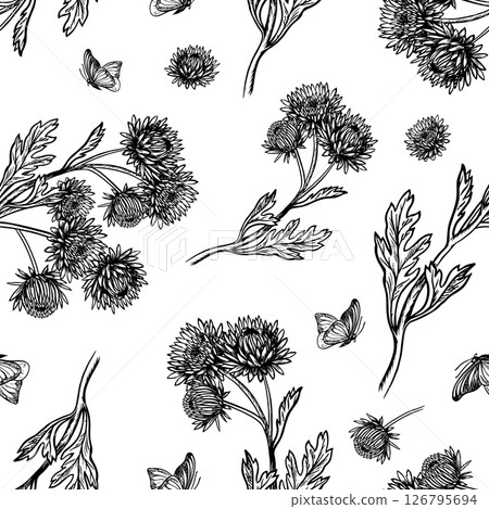 Seamless chrysanthemum flower pattern. Vector graphics. A black-and-white hand-drawn illustration. On a white background. Great for textiles and packaging, postcards and labels, prints and more. Seamless chrysanthemum flower pattern. Vector graphics. A black-and-white hand-drawn illustration. On a white background. Great for textiles and packaging, postcards and labels, prints and more. 126795694