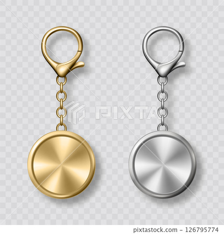 Vector Gold and Silver Keychain Icon Set, Isolated. Realistic Round Keychain Design for Branding. Blank Keychain Mockup for Logo. Luxury Metallic Keychain Template for Custom Accessory Design 126795774