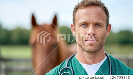 Male Veterinarian with Horse Outdoors 126795838
