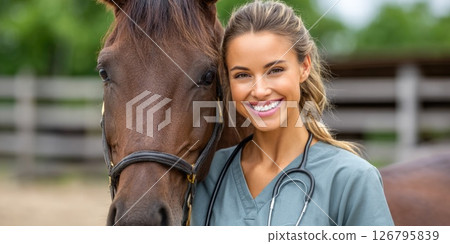 Smiling Vet with Horse on Farm Smiling Vet with Horse on Farm 126795839