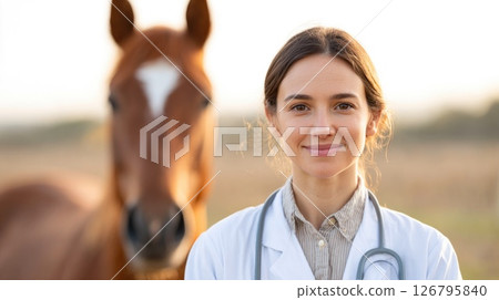 Smiling Female Veterinarian with Horse at Sunset 126795840