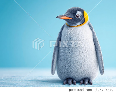 Adorable Cartoon Penguin Standing on Ice with Blue Background Adorable Cartoon Penguin Standing on Ice with Blue Background 126795849