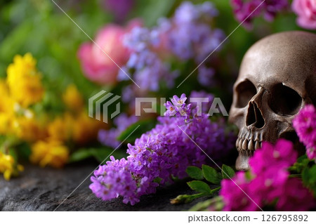 Skull Surrounded by Purple and Yellow Wildflowers Skull Surrounded by Purple and Yellow Wildflowers 126795892