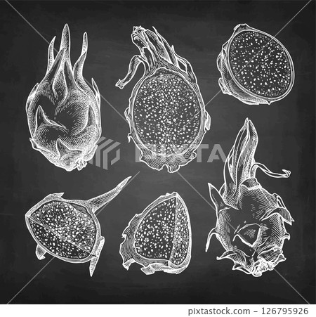 Dragon fruit chalk sketch set. 126795926